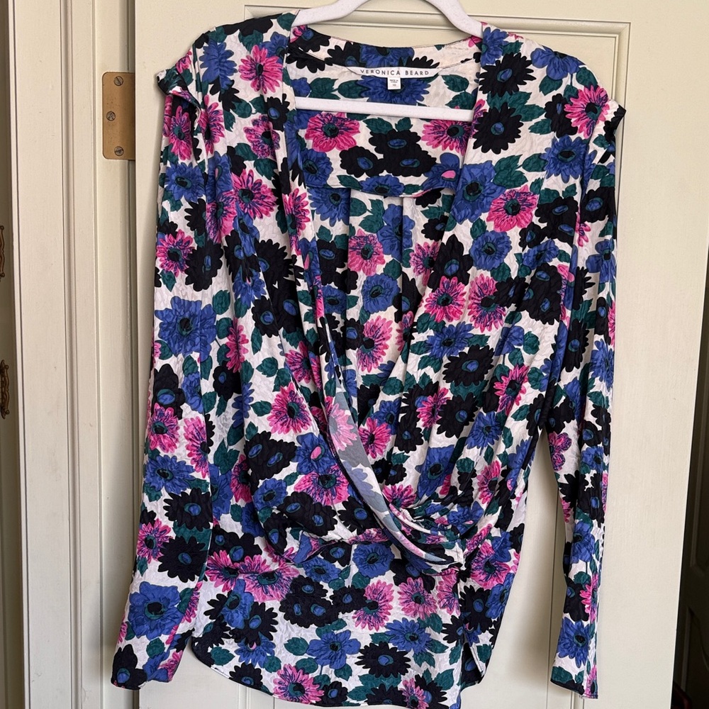 Veronica Beard Floral Wrap Blouse - Blue, Pink, Black